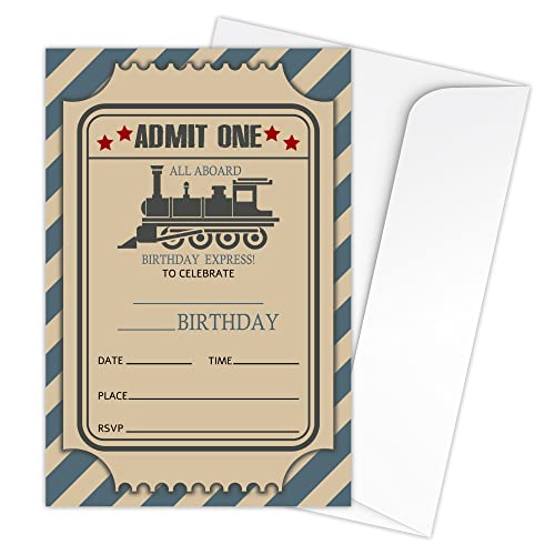 Zodvery Eisenbahn-Dampfzug-Geburtstagsparty-Einladungskarten – Alle Brett-Vintage-Partyzubehör für Kinder, Jungen oder Mädchen – 20 Einladungen zum Ausfüllen von Geburtstagspartys und 20 Umschlägen von Zodvery