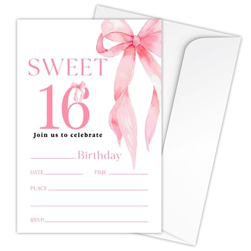 Zodvery Geburtstagseinladungskarten mit rosa Schleife, süßes Partyzubehör zum 16. Geburtstag für Mädchen, 20 Einladungen zum Ausfüllen und 20 Umschläge, B01 Zodvery Geburtstagseinladungskarten mit rosa Schleife, süßes Partyzubehör zum 16. Geburtstag für Mädchen, 20 Einladungen zum Ausfüllen und 20 Umschläge, B01 von Zodvery
