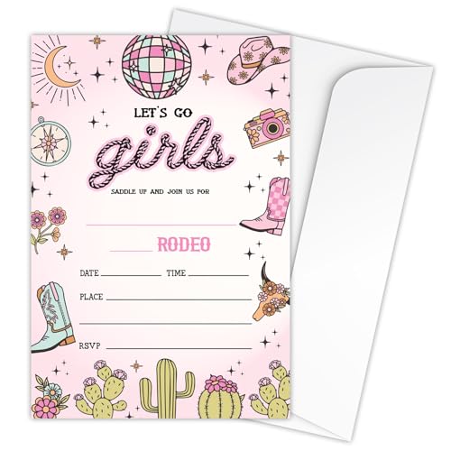 Zodvery Let's Go Mädchen-Geburtstagseinladungskarten, pinkes Cowgirl-Partyzubehör für Frauen und Mädchen, 20 Einladungen zum Ausfüllen und 20 Umschläge, B07 Zodvery Let's Go Mädchen-Geburtstagseinladungskarten, pinkes Cowgirl-Partyzubehör für Frauen und Mädchen, 20 Einladungen zum Ausfüllen und 20 Umschläge, B07 von Zodvery