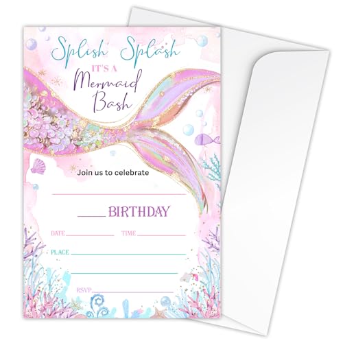 Zodvery Meerjungfrauen-Geburtstagsparty-Einladungskarten – Ozean-Thema, Meerjungfrauen-Bash-Partyzubehör für Jungen und Mädchen, Splish Splash 20 Einladungen zum Ausfüllen und 20 Umschläge, B14 Zodvery Meerjungfrauen-Geburtstagsparty-Einladungskarten – Ozean-Thema, Meerjungfrauen-Bash-Partyzubehör für Jungen und Mädchen, Splish Splash 20 Einladungen zum Ausfüllen und 20 Umschläge, B14 von Zodvery
