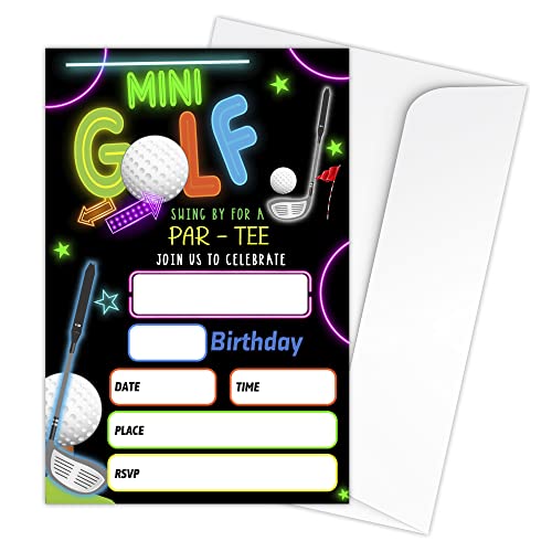 Zodvery Mini-Golf-Geburtstagsparty-Einladungskarten – Mini-Golf-Partyzubehör für Kinder, Jungen oder Mädchen – 20 Geburtstagsparty-Einladungen zum Ausfüllen und 20 Umschläge von Zodvery