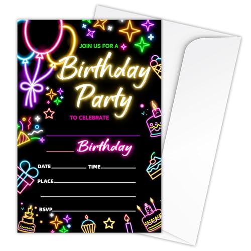 Zodvery Neon-Geburtstagsparty-Einladungskarten, leuchtendes Neon-Partyzubehör für Jungen und Mädchen, 20 Einladungen zum Ausfüllen und 20 Umschläge, B13 Zodvery Neon-Geburtstagsparty-Einladungskarten, leuchtendes Neon-Partyzubehör für Jungen und Mädchen, 20 Einladungen zum Ausfüllen und 20 Umschläge, B13 von Zodvery