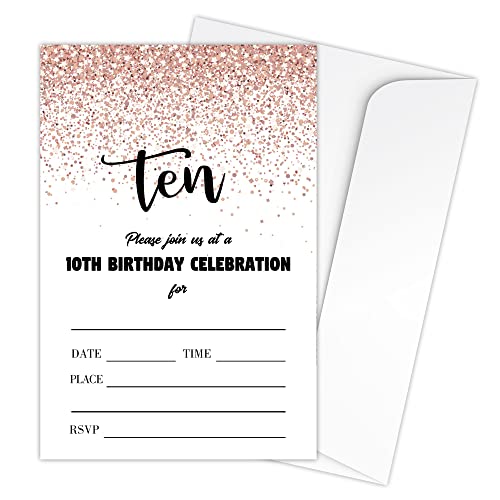 Zodvery Party-Einladungskarten zum 10. Geburtstag – 10 Jahre alt, rosa Glitzer Gold, Partyzubehör für Kinder, Jungen oder Mädchen – 20 Geburtstagsparty-Einladungen zum Ausfüllen und 20 Umschläge/51 von Zodvery