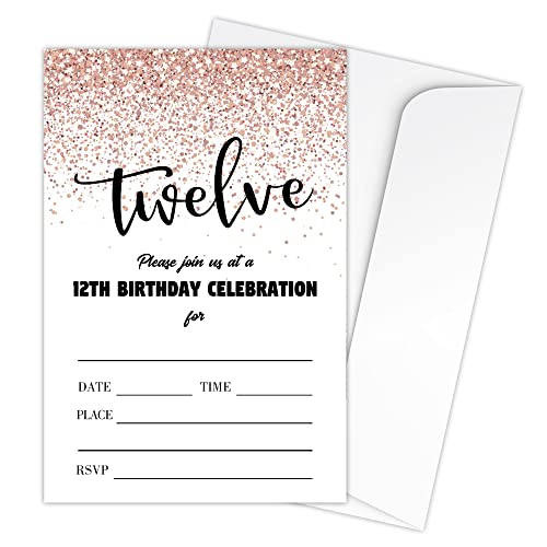 Zodvery Party-Einladungskarten zum 12. Geburtstag – 12 Jahre alt, rosa Glitzer Gold, Partyzubehör für Kinder, Jungen oder Mädchen – 20 Geburtstagsparty-Einladungen und 20 Umschläge/53 von Zodvery
