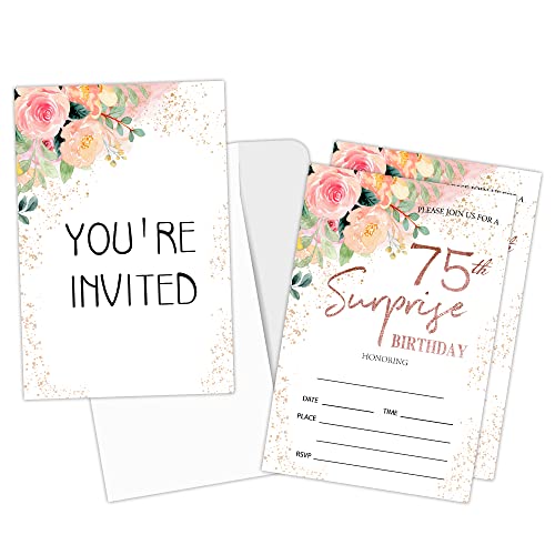 Zodvery Party-Einladungskarten zum 75. Geburtstag, 75 Jahre alt, Rose, Blumenmuster, Rosa, Themenpartyzubehör für Erwachsene, Frauen oder Männer, 20 Einladungen zum Ausfüllen und 20 Umschläge, 65 von Zodvery