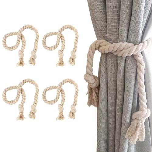 4 Stück Vorhangseil Raffhalter, Curtain Rope Buckle Vorhang Raffhalter Handgemachte Vorhang Raffhalter für Vorhänge Handgestrickte Baumwolle Seil für Haus Office Wohnzimmer Schlafzimmer Deko(Beige) von ZoeWei