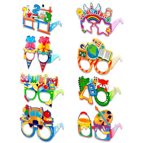 ZoeWei Einschulung Deko, 8 Stück Schulanfang Schulkind Brille Schulanfang Deko Mädchen Junge Einschulungsdeko Papier Partybrille Buchstaben 123 Schulanfang Partybrillen für Kinder Party von ZoeWei