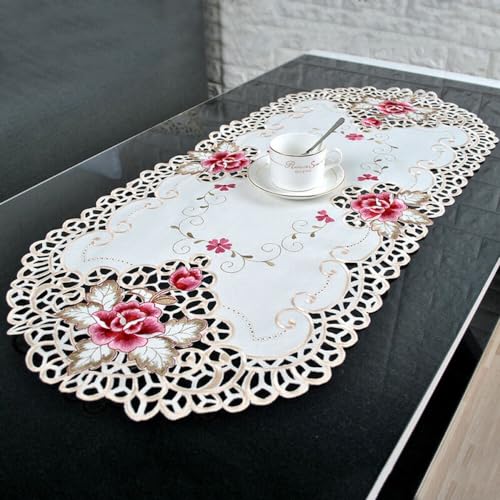 Zoegneer Weiße ovale Spitze Tischdecke Tischläufer Tischflagge bestickt kleine Tischdecke für Heimdekoration (1 Stück) von Zoegneer