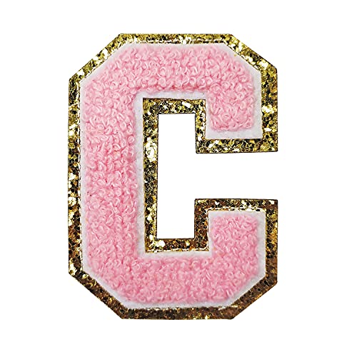 Buchstaben zum Aufbügeln Gold Glitzer & Rosa Chenill, 3 Stück Varsity Initial Patches, selbstklebende Aufkleber Buchstaben Patch für Team Kostüm Dekoration 7,9 cm Höhe von Zogify
