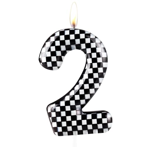 Zolunu Metallic Schwarz Weiß Kariert 2 Geburtstag Kuchen Kerze, Nummer 2 Kerze, Geburtstag Kuchen Topper für Jungen Mädchen Race Car Themed Party Dekorationen Zubehör von Zolunu