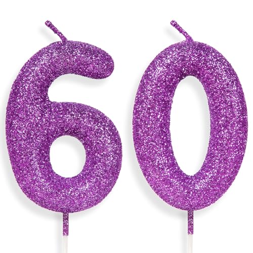 Zolunu lila rosa Geburtstag Kerze Nummer 60, Glitter Geburtstag Kerze Kuchen Toppers für Mädchen Frauen lila rosa Themed Party Dekorationen liefert Geburtstagsgeschenke von Zolunu