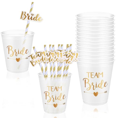 ZoneYan Braut und Team Braut Tassen, Team Bride Becher und Strohhalme, Bachelorette Party Cups, Team Braut Schnapsgläser, Hartplastik Becher Bride to be Deko JGA, 16 pcs/450ml von ZoneYan