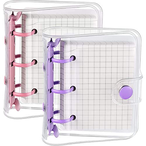 2 Sets Mini Transparent Ringbuch Hüllen mit 3 Ringen und Innen Papier Ordnertasche Durchsichtig Weich PVC Ring Notizbuch Verschluss Loseblatt Rund Ringbuch mit Druckknopf (Rosa, Lila) von Zonon