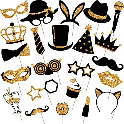 24 Stück Lustige Fotoautomat Requisiten Foto Booth Props für Geburtstag Hochzeit Disco Karneval Party Zubehör Mischung mit Hut, Lippenstift, Krawatte, Kronen (Gold) von Zonon