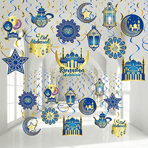 Zonon 30 Stück Ramadan Mubarak Dekorationen, Eid Mubarak hängende Spiralen, glänzend, goldfarben, Stern, Mond, Laterne, Deckenfolie, Dekoration für Eid-Al-fitr-Party, Feiertagsbedarf von Zonon