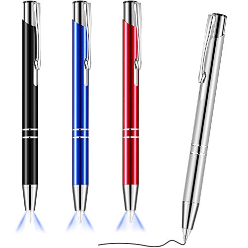 Zonon 4 Stücke Beleuchteter Spitze Stift Kugelschreiber mit Licht Taschenlampe LED Lichtstift LED Taschenlampe Leuchtstift zum Schreiben im Dunkeln (Schwarz, Silber, Blau, Rot) von Zonon
