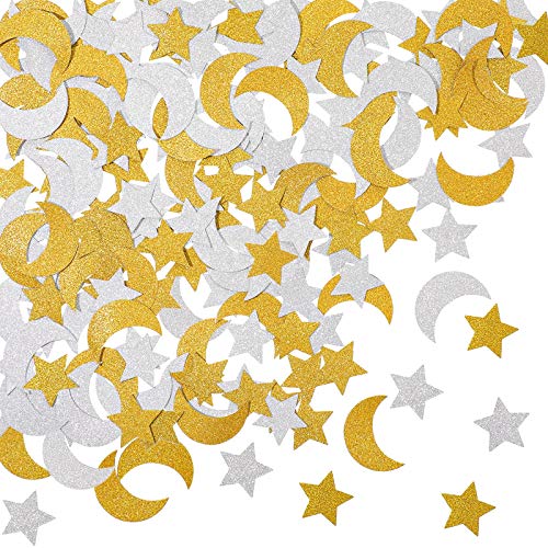 400 Stücke Glitzer Stern und Mond Papier Konfetti Doppelseitig Gold und Silber Tisch Pailletten Konfetti für Ramadan Mubarak Dekoration Hochzeit Geburtstag Baby Shower (Gold, Silber) von Zonon