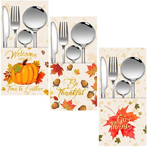Besteckhalter für Besteck, Besteck, Papiertüten, Taschen mit Goldfolie, Ahornblatt, Kürbis, Eichel, Ernte, Herbstmuster für Herbst, Ernte, Party, Geschirr, 45 Stück von Zonon