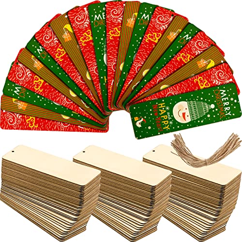 Holz Blanko Lesezeichen DIY Holz Handwerk Lesezeichen Unvollendete Holz Hängen Etiketten Rechteck Form Blanko Lesezeichen Ornamente mit Löchern und Seilen für Weihnachten DIY (36 Stücke) von Zonon