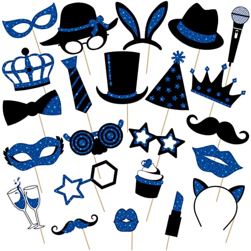 Zonon Lustige Foto-Requisiten für Geburtstage, Hochzeiten, Abschlussfeiern, Abschlussbälle, Disco, Karneval, Partyzubehör, Mischung aus Hüten, Lippenstift, Krawatten, Kronen (blau und schwarz), 24 von Zonon