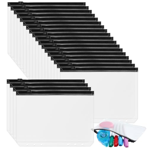 Zonon 3/6-Ringbuch-Beutel mit Reißverschluss, 3/6 Löcher, transparenter Reißverschluss, wasserdicht, PVC, lose Blätter, Füllbeutel (schwarze Reißverschlüsse, A6), 30 Stück von Zonon