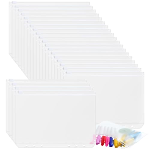 Zonon 3/6-Ringbuch-Reißverschlusstaschen, 3/6 Löcher, transparenter Reißverschluss, wasserdicht, PVC, lose Blätter, Füllbeutel (transparente Reißverschlüsse, A5), 30 Stück von Zonon