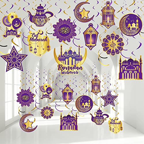 Zonon 30 Stück Ramadan Mubarak Dekorationen, Eid Mubarak hängende Spiralen, glänzend, goldfarben, Stern, Mond, Laterne, Deckenfolie, Dekoration für Eid-Al-fitr-Party, Feiertagsbedarf (Lila und Gold) Zonon 30 Stück Ramadan Mubarak Dekorationen, Eid Mubarak hängende Spiralen, glänzend, goldfarben, Stern, Mond, Laterne, Deckenfolie, Dekoration für Eid-Al-fitr-Party, Feiertagsbedarf (Lila und Gold) von Zonon