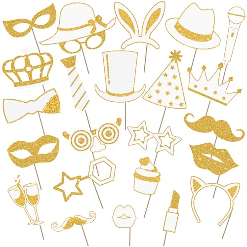 Zonon Lustige Foto-Requisiten für Geburtstage, Hochzeiten, Abschlussfeiern, Abschlussbälle, Disco, Karneval, Partyzubehör, Mischung aus Hüten, Lippenstift, Krawatten, Kronen (weiß und gold), 24 Stück von Zonon