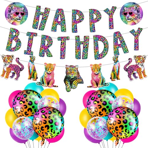 Zonon Neon Regenbogen Leopard Geburtstag Dekorationen Gepard Geburtstag Banner Hintergrund mit Neon Regenbogen Leopard Folienballons für Tiersafari Party Supplies von Zonon
