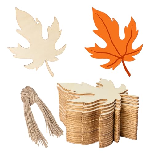 20 Stück Ahornblatt-Form, Holz, blanko, mit Bindfäden, Kunst, unlackierte Ornamente für Herbst, Türhänger, Ostern, Weihnachten, Hochzeit, Geburtstag, Party, Weihnachten, Erntedankfest, Dekoration von Zontween