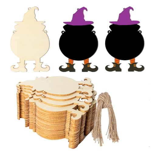 Hexenherbst, Hexentopfform, Holz, Halloween, blanko, mit Bindfäden, Kunst, unlackierte Ornamente für Halloween, Weihnachten, Hochzeit, Geburtstag, Party, Erntedankfest, Dekoration, 20 Stück von Zontween