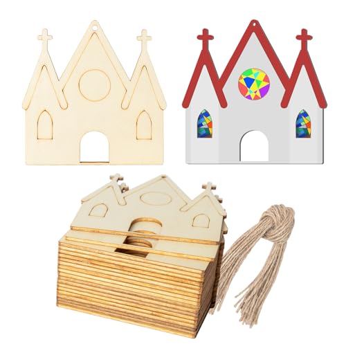 Kirchenform, unlackierte gravierte Holzstücke mit Bindfäden, Kunstornamente für Weihnachten, Urlaub, Party, Türhänger, Dekoration, 20 Stück von Zontween