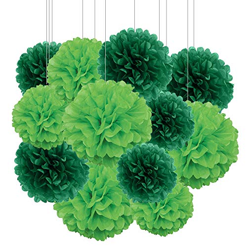 ZooYoo 12 Stück grüne und dunkelgrüne hängende Pompons aus Seidenpapier für partydeko,decke,wand,seidenblumen– 2 Farben à 30,5 cm, 25,4 cm von ZOOYOO