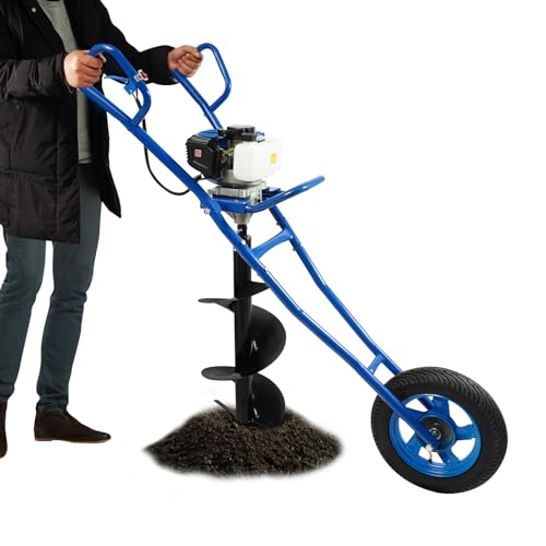 52cc 2-Stroke Benzin Erdlochbohrer mit Transportgestell,2PS Benzin Erdbohrer Erdlochbohr,Erdbohrgerät Pfahlbohrer mit 1 L Kraftstofftank und 300 mm Bohrer,Bodenbohrer Set für Grubengräber (Blau) von Zoobotanica