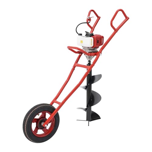 52cc 2-Stroke Benzin Erdlochbohrer mit Transportgestell,2PS Benzin Erdbohrer Erdlochbohr,Erdbohrgerät Pfahlbohrer mit 1 L Kraftstofftank und 300 mm Bohrer,Bodenbohrer Set für Grubengräber (Rot) von Zoobotanica