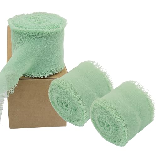 Zorfeter 3 Rollen Salbeigrünes, handgefertigtes Chiffonband, ausgefranste Fransen-Seidenbänder, 3,8 cm x 20,9 m, dekorative Bänder für Geschenkverpackungen, Hochzeitseinladungen, Brautsträuße von Zorfeter