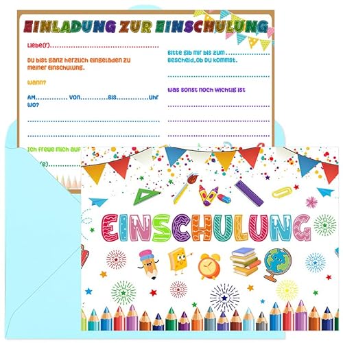 Zoriwn 12 x Einladungskarten Einschulung Mädchen,Einladung Einschulung Junge,Einladung Einschulung,Einschulung Einladungskarten mit Umschlägen,Laden Sie die Kinder zur Schulanfangsparty Ein von Zoriwn