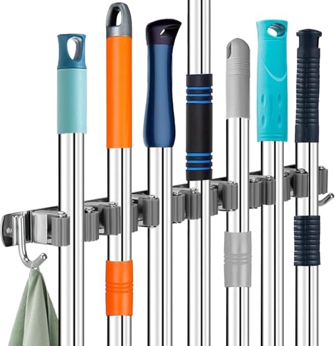 Zosenyer Besenhalterung Wand, Edelstahl Gartengerätehalter mit 7 Halter und 2 Haken, Selbstklebend Gerätehalter Wandhalterung Halterung für Organizer Küche, Zuhause, Badezimmer, Garage, Garten von Zosenyer