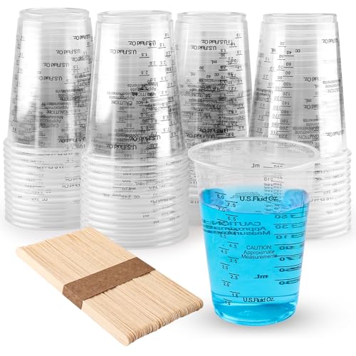 Zosenyer Epoxidharz Messbecher, 50 Stück 240 ml Transparent Lackmischbecher mit 50 Stück Mischstäbchen für Farbharze Epoxidharze Acrylfarben, Flüssigkeiten, Pigment, Kunst von Zosenyer