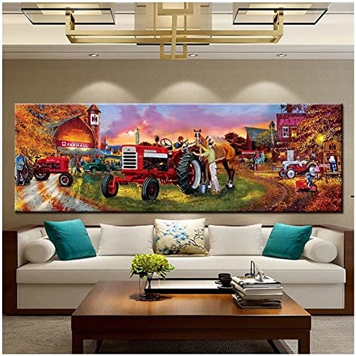 Diamond Painting Bauernhof-Traktor-Landschaft,5D Diamant Painting Bilder erwachsene Groß,DIY Cross Stickerei Round Diamant Malerei Kits,Wohnzimmer Schlafzimmer Wand Eingang Dekor Geschenk 50x100cm B16 von Zosoore