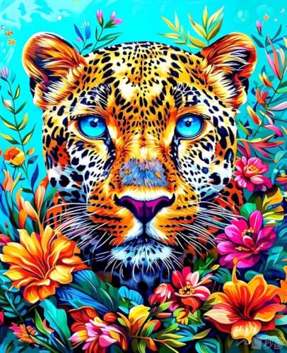 Malen Nach Zahlen Erwachsene Blume, Malen Nach Zahlen Kinder ab 7 8 9 10 Mädchen DIY Ölgemälde Leinwand Set, Paint by Numbers Leopard Muster mit Pinseln und Acrylfarbe für Home Wanddeko 70x95cm P-55 von Zoulile