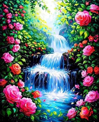 Malen Nach Zahlen Erwachsene Blume, Malen Nach Zahlen Kinder ab 7 8 9 10 Mädchen DIY Ölgemälde Leinwand Set, Paint by Numbers Wasserfall Muster mit Pinseln und Acrylfarbe für Wanddeko 40x50cm 2-33 von Zoulile
