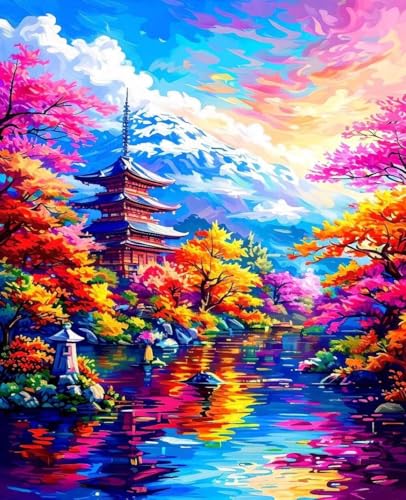 Malen Nach Zahlen Erwachsene Japan, Malen Nach Zahlen Landschaft DIY Handgemalt Ölgemälde Kit für Anfänger and Kinder, Mit 3-Pinseln und Acrylfarbe für Zimmer Deko, Geschenke für Frauen 60x80cm 8-44 von Zoulile