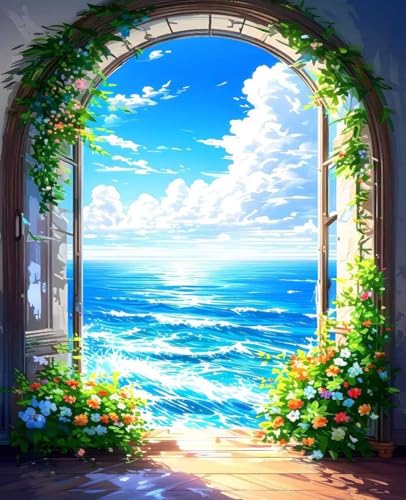 Malen Nach Zahlen Erwachsene Meer, Malen Nach Zahlen Kinder ab 7 8 9 10 Mädchen DIY Ölgemälde Leinwand Set, Paint by Numbers Blume Muster mit Pinseln und Acrylfarbe für Wanddeko Geschenk 60x80cm 9-42 von Zoulile