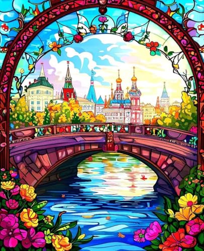 Malen Nach Zahlen Erwachsene Schloss, Malen Nach Zahlen Kinder ab 7 8 9 10 Mädchen DIY Ölgemälde Leinwand Set, Paint by Numbers Brücke Muster mit Pinseln und Acrylfarbe für Wanddeko 100x135cm 6-79 von Zoulile
