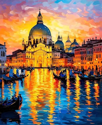 Malen Nach Zahlen Erwachsene Venedig, Malen Nach Zahlen Kinder ab 7 8 9 10 Mädchen DIY Ölgemälde Leinwand Set, Paint by Numbers Wasserstadt Muster mit Pinseln und Acrylfarbe für Wanddeko 70x95cm C-74 von Zoulile