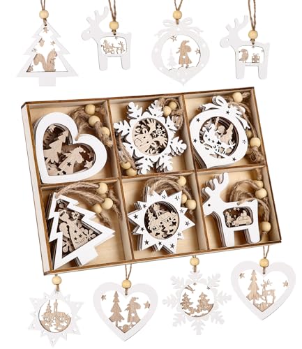 24 Stück Weihnachtsbaumschmuck Holz, Anhänger Weihnachtsbaum, Schneeflocken aus Holz, Christbaumschmuck Holz, Anhänger Hängeornamente Weihnachtsbaumschmuck mit Juteseil für Christbaumanhänger 24 Stück Weihnachtsbaumschmuck Holz, Anhänger Weihnachtsbaum, Schneeflocken aus Holz, Christbaumschmuck Holz, Anhänger Hängeornamente Weihnachtsbaumschmuck mit Juteseil für Christbaumanhänger von Zounin