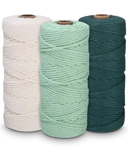 3 Stück Makramee Garn, 3mm x 100m Baumwollgarn, Baumwollkordel Natur, Baumwoll Bastelschnur, für DIY Handwerk, Flechtkunst, Hängepflanzen, Makramee Garn Set (dunkelgrün, hellgrün, weiß) von Zounin