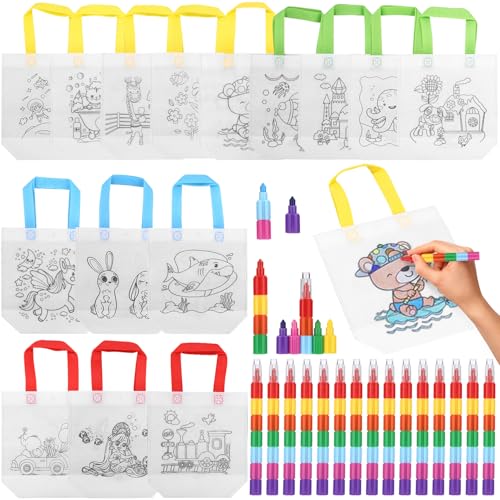 30 Stück Stoffbeutel Zum Bemalen Anzug, 15 Stück Taschen Zum Bemalen für Kinder und 15 Stück Stapelbare Wachsmalstifte(7 Farben in 1), für Mitgebsel Kindergeburtstag, Bastelset Kindergeburtstag von Zounin