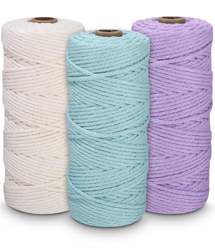 Makramee Garn Set, 3 Stück, Premium Makrameegarn für DIY, Boho Deko, Traumfänger, Baumwoll Bastelschnur Natur, baumwollseil 3mm x 100m, Baumwollgarn (weiß, Hellviolett, aquamarin) von Zounin